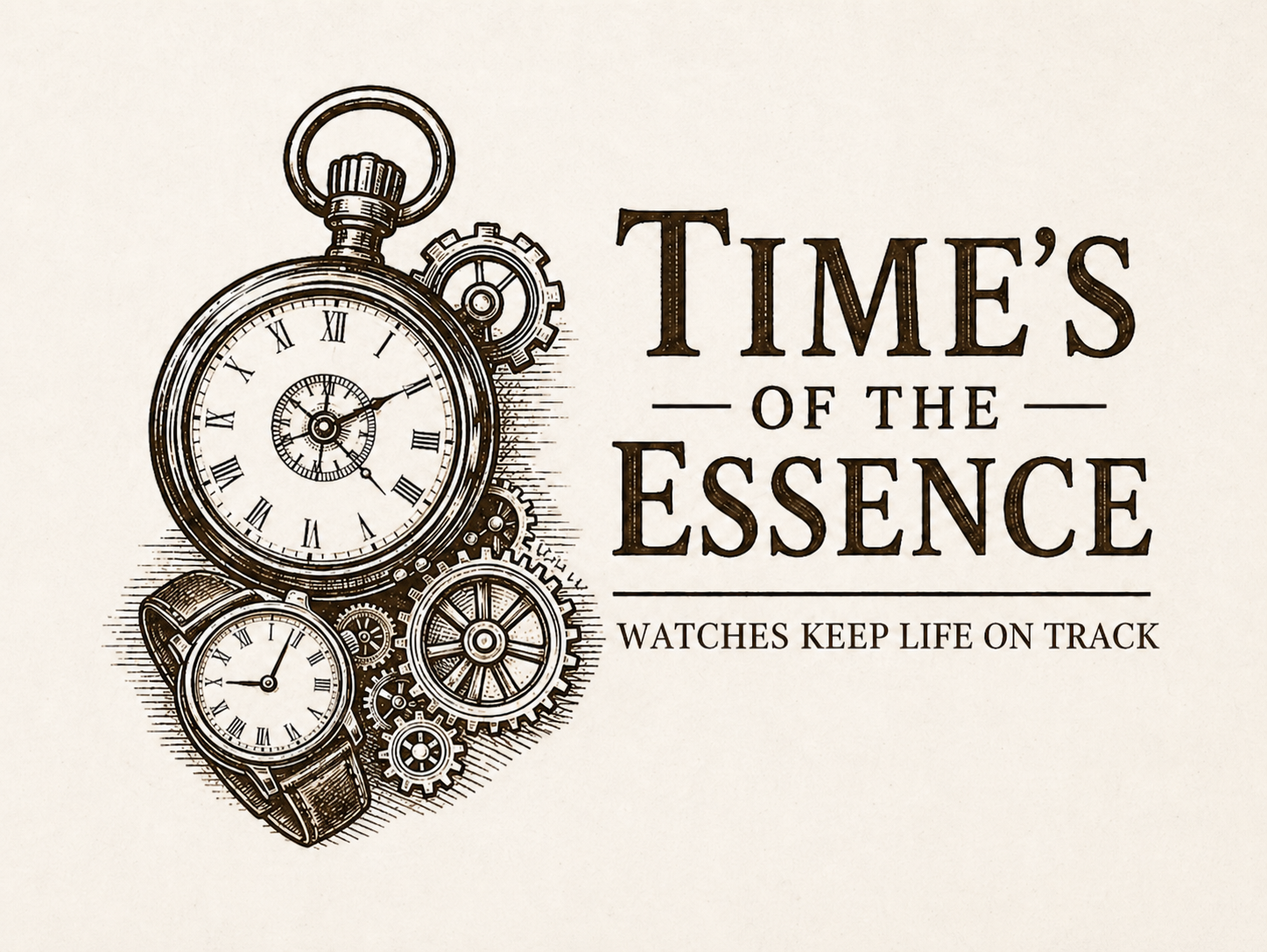 Time's of the Essence logo: antique pocket watch, wristwatch, and gears